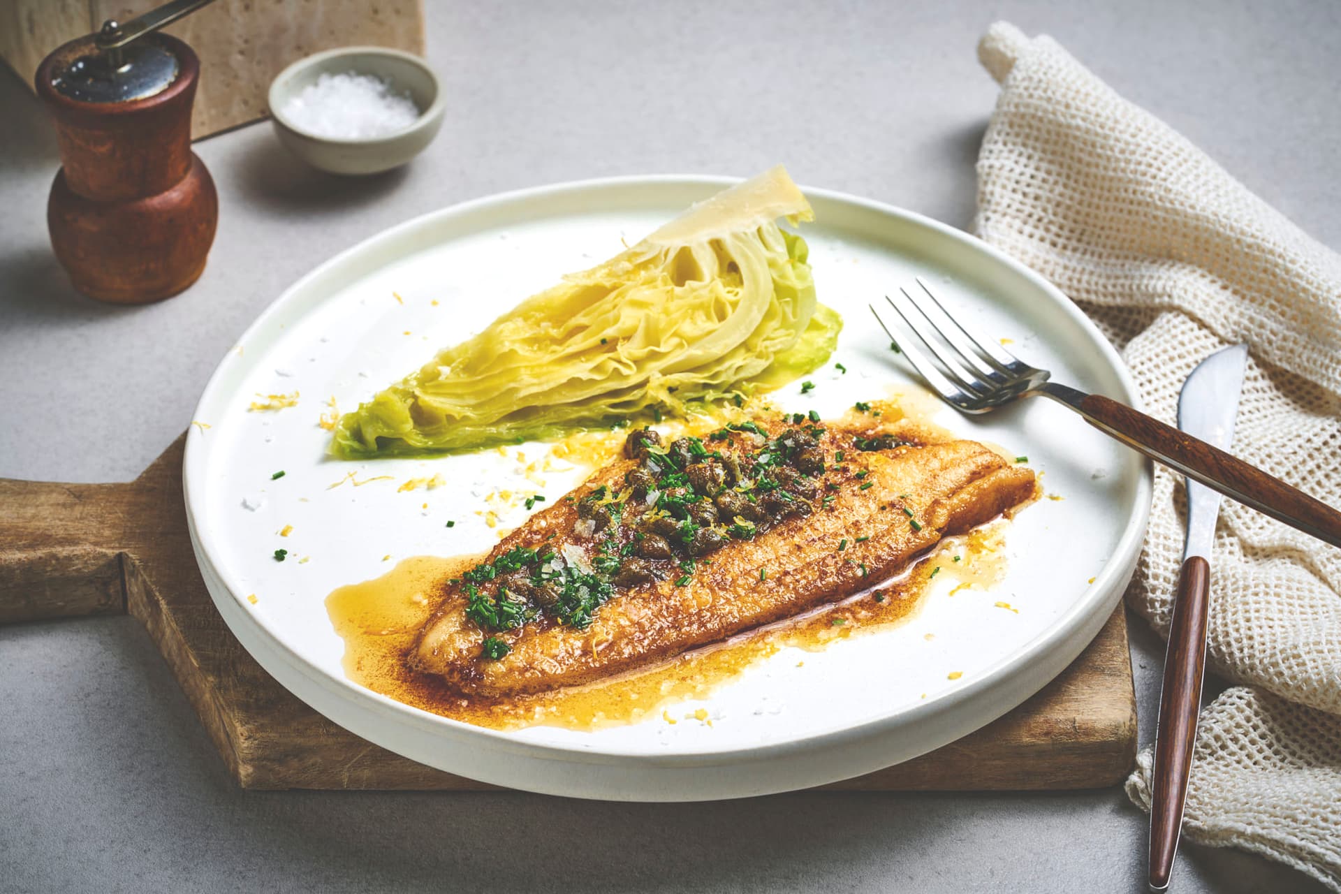 Flounder with Steamed Cabbage and Caper Butter