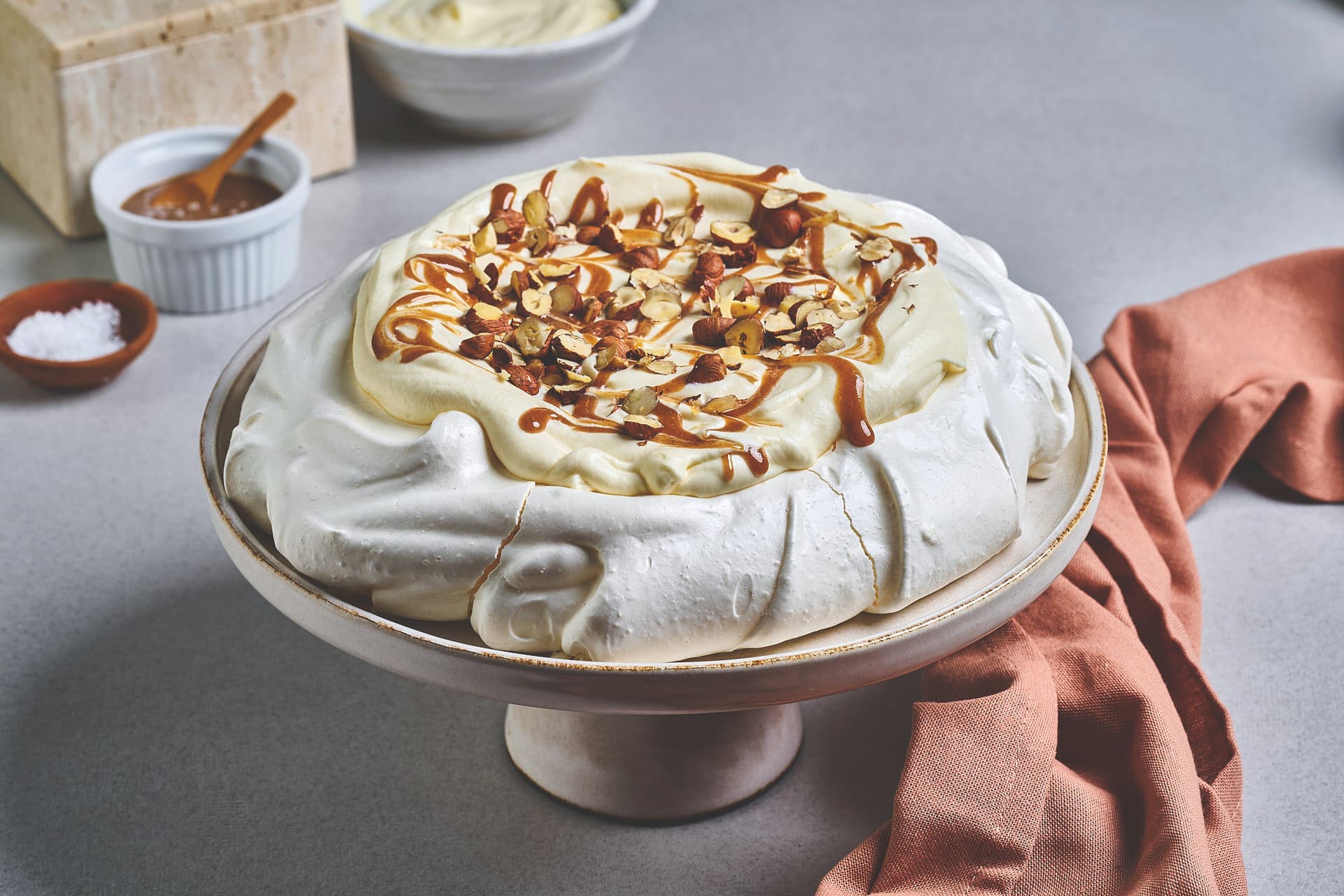 Pavlova with Salted Caramel and Hazelnuts