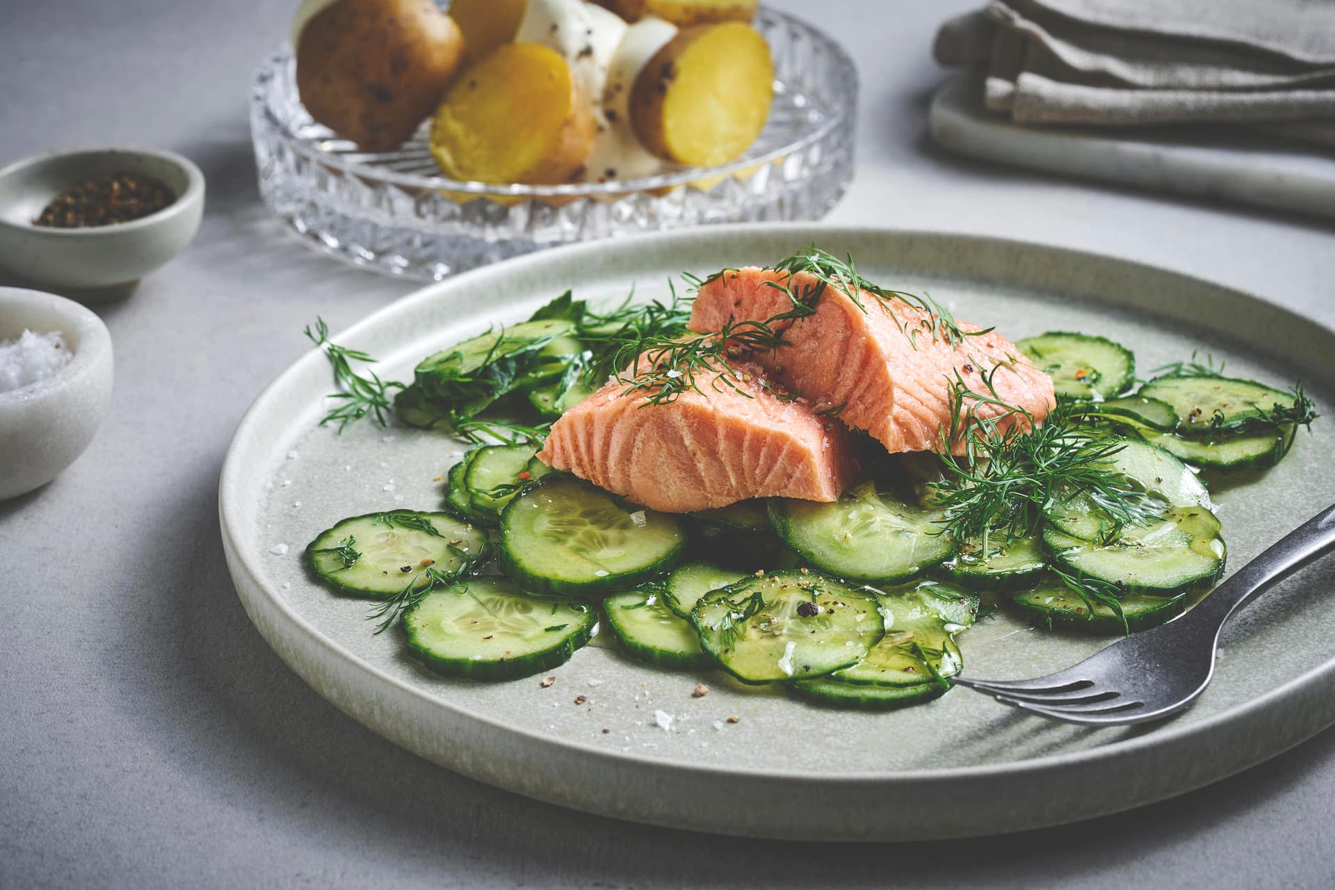 Boiled Salmon with Cucumber Salad and Potatoes