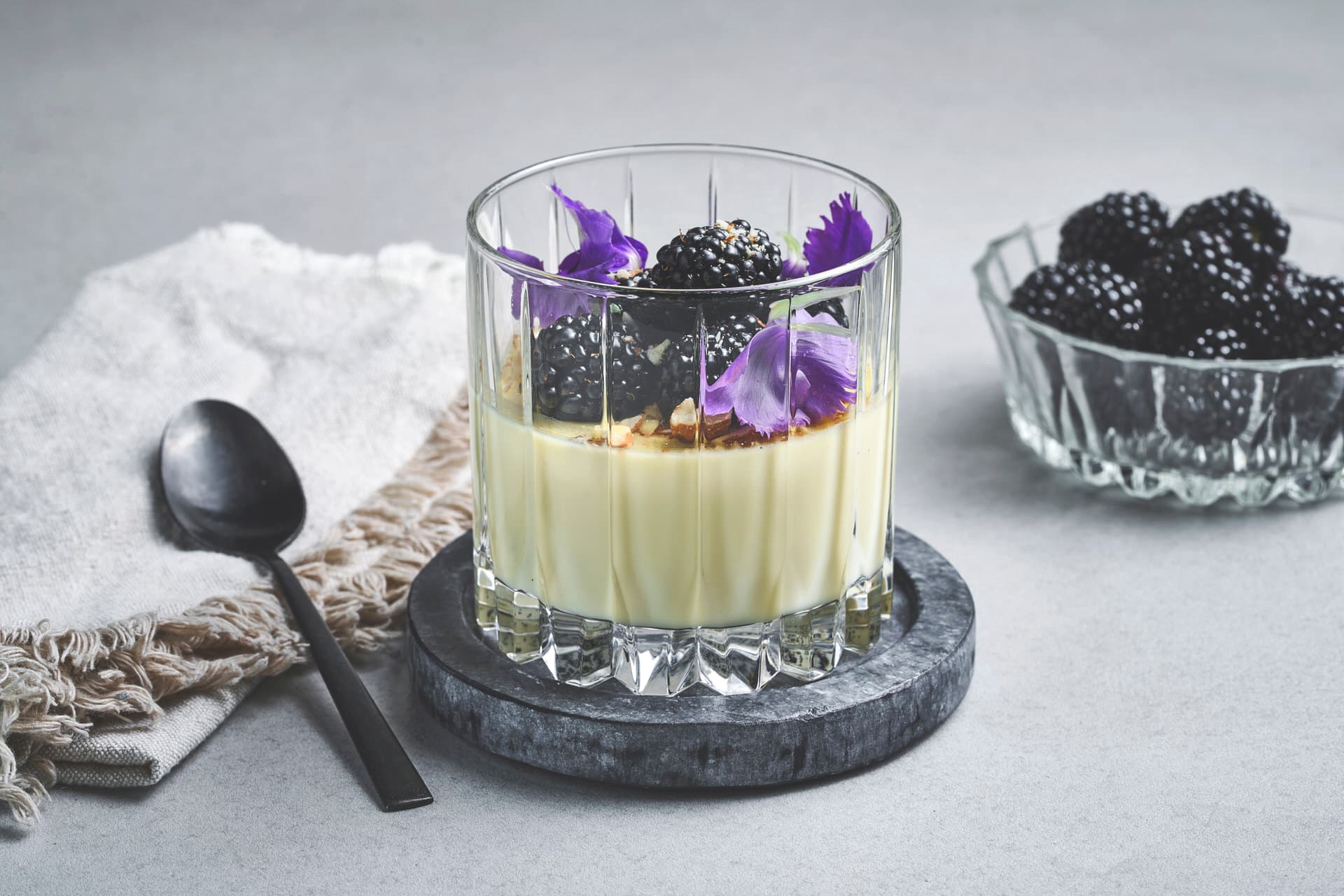 Panna Cotta with Blackberries and Pecans