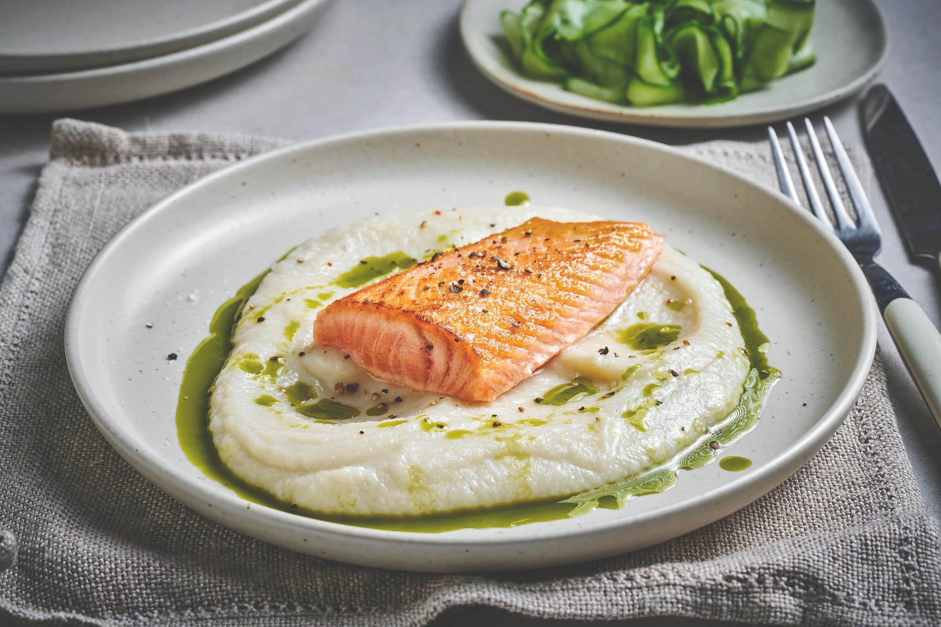 Pan Fried Salmon with Cucumber Salad and Cauliflower Purée