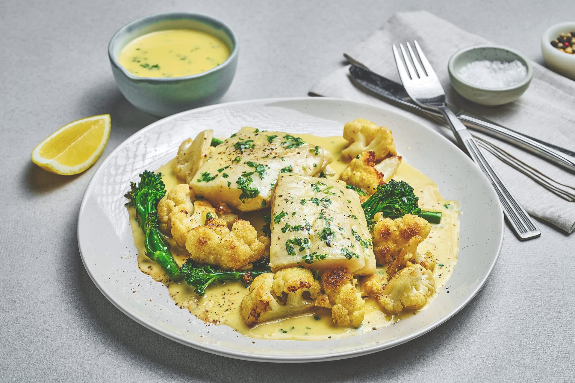 Lightly Salted Cod with Cauliflower and Butter Sauce