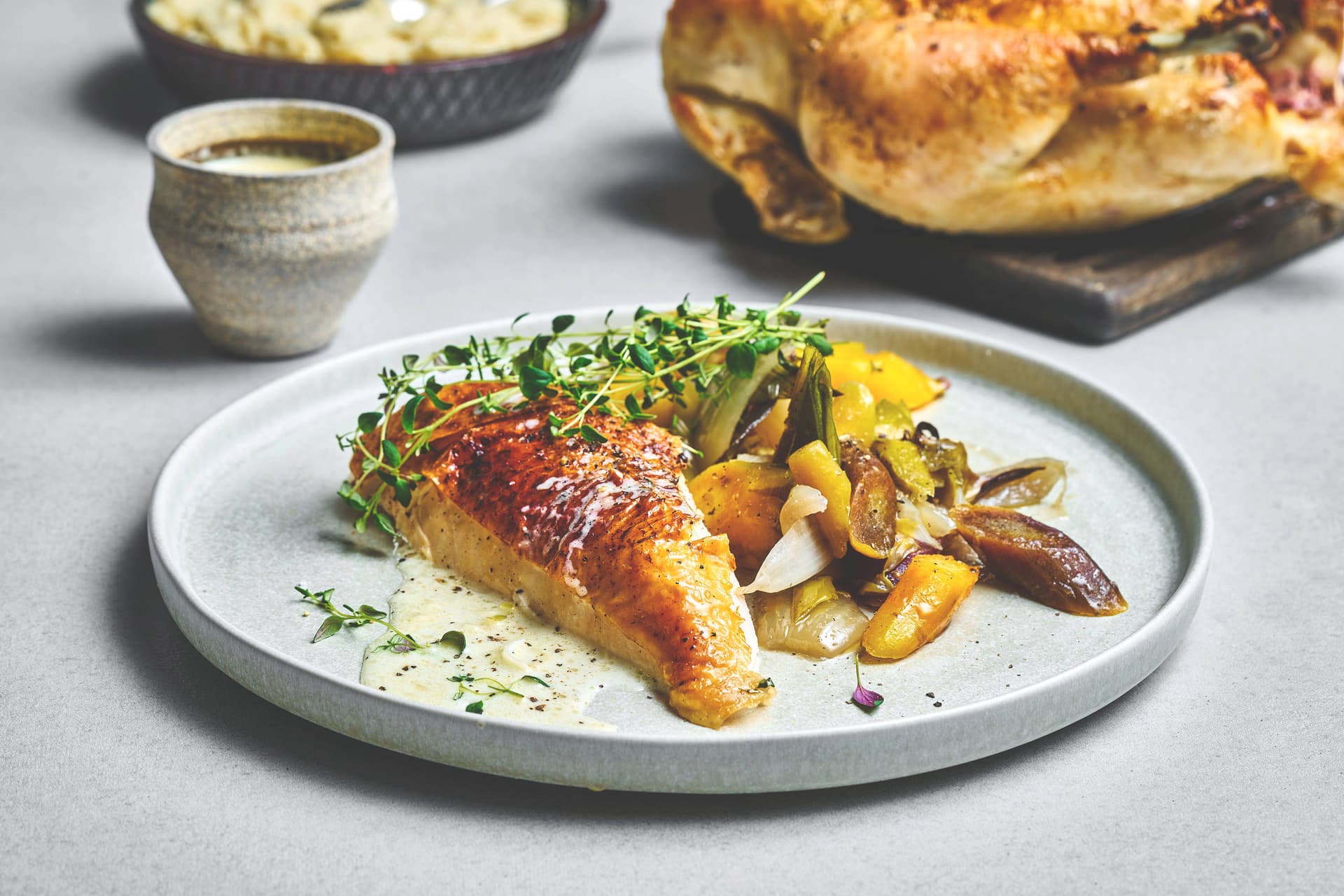 Whole Roasted Chicken with Root Vegetables and Pan Sauce