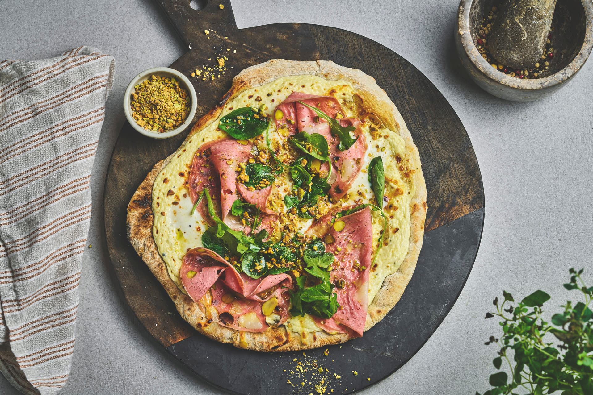 Pizza with Mortadella and Pistachio