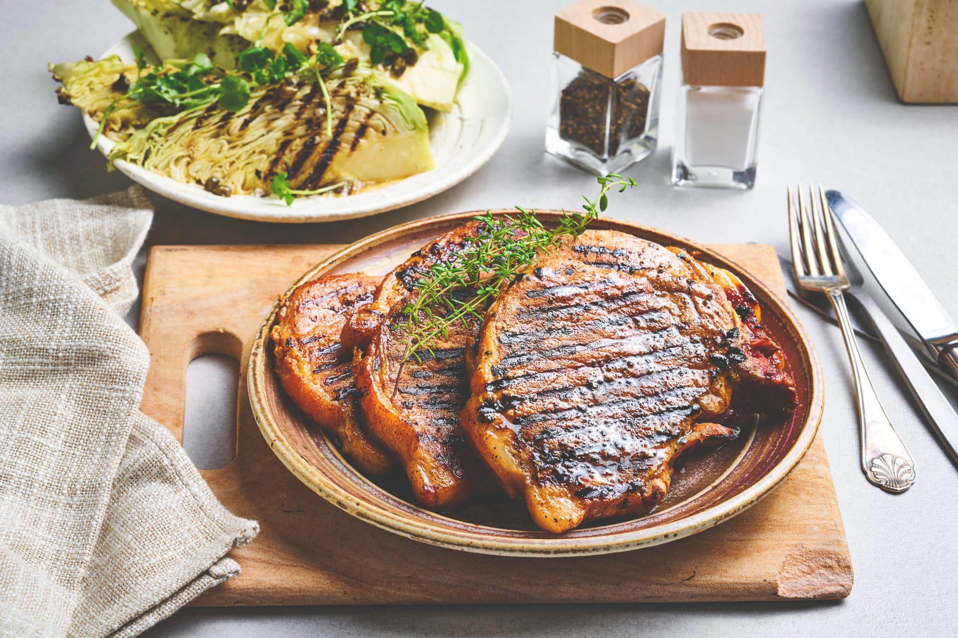 Summer Pork Chops with Grilled Spring Cabbage